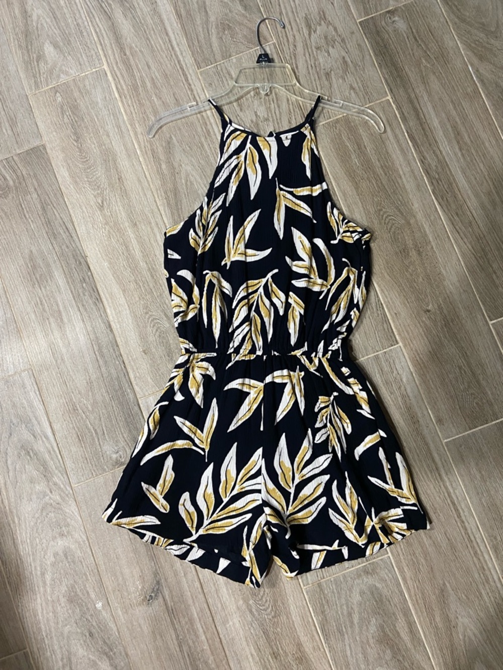 Mud Pie Black Romper with Yellow and White Leaf Print